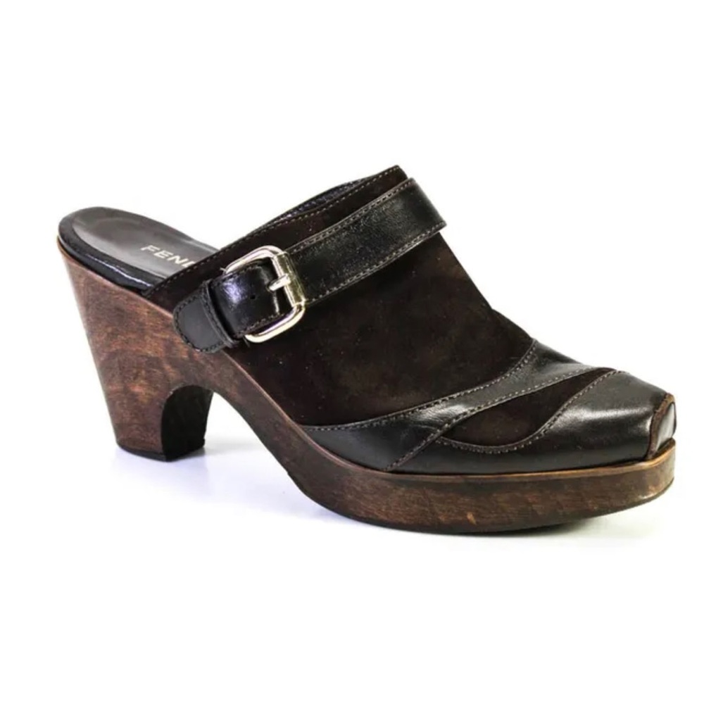 Fendi Brown Leather/Suede Closed Toe Wooden Heel Mules/Clogs